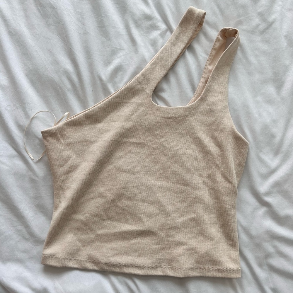Grey Lab Tan one shoulder top